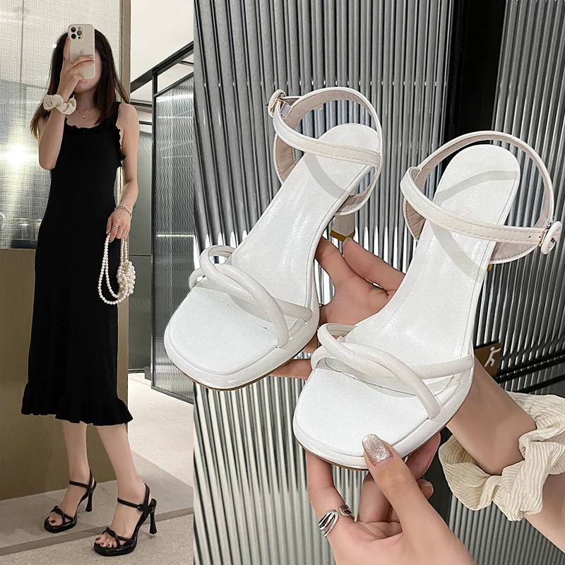 2024 Summer Low Sandals Woman Leather Suit Female Beige Women’s Shoes High Heels Low-heeled Black Comfort New Stiletto Girls Fas