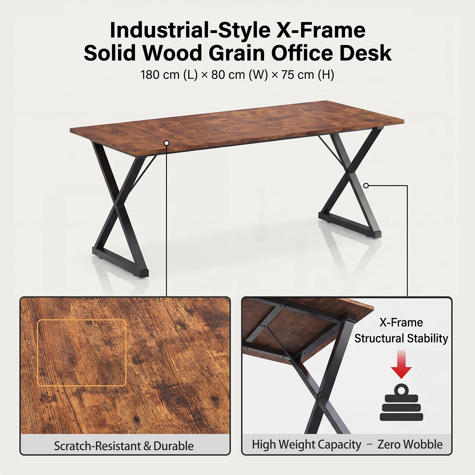 Executive Desk Wooden Computer Desk Ergonomic Business Writing Table with Metal Legs for Home Office Vintage Color Easy Assembly