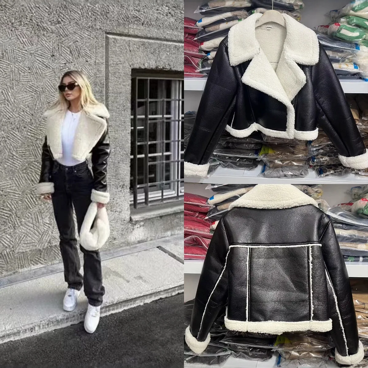 

Новая женская байкерская куртка с двусторонним воротником, хлопковая толстая молния, короткая верхняя одежда, осенне-зимнее модное пальто с цветными блоками