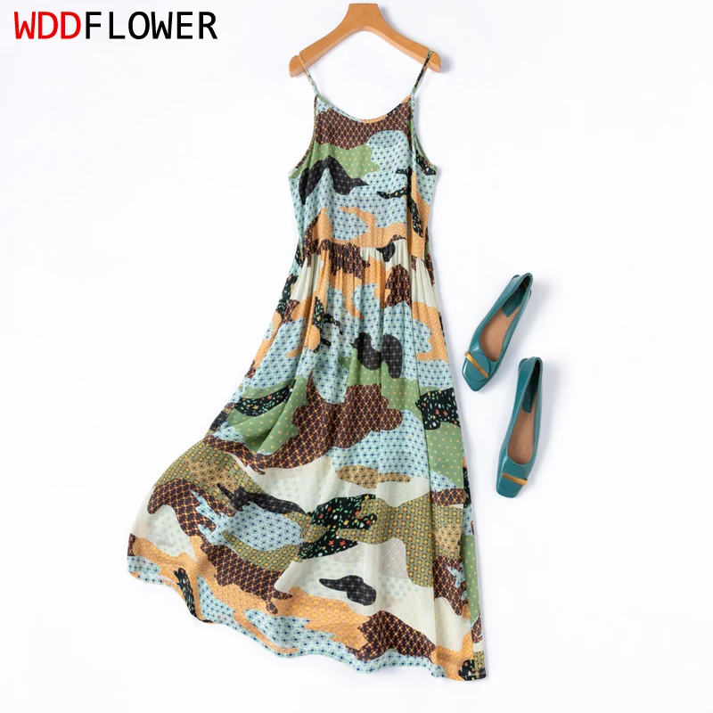 

Women Chemise Dress 100% Mulberry Silk 16 Momme Crepe Silk Colorful Printed Spaghetti Straps Full Slip Dress Summer Beach M1317