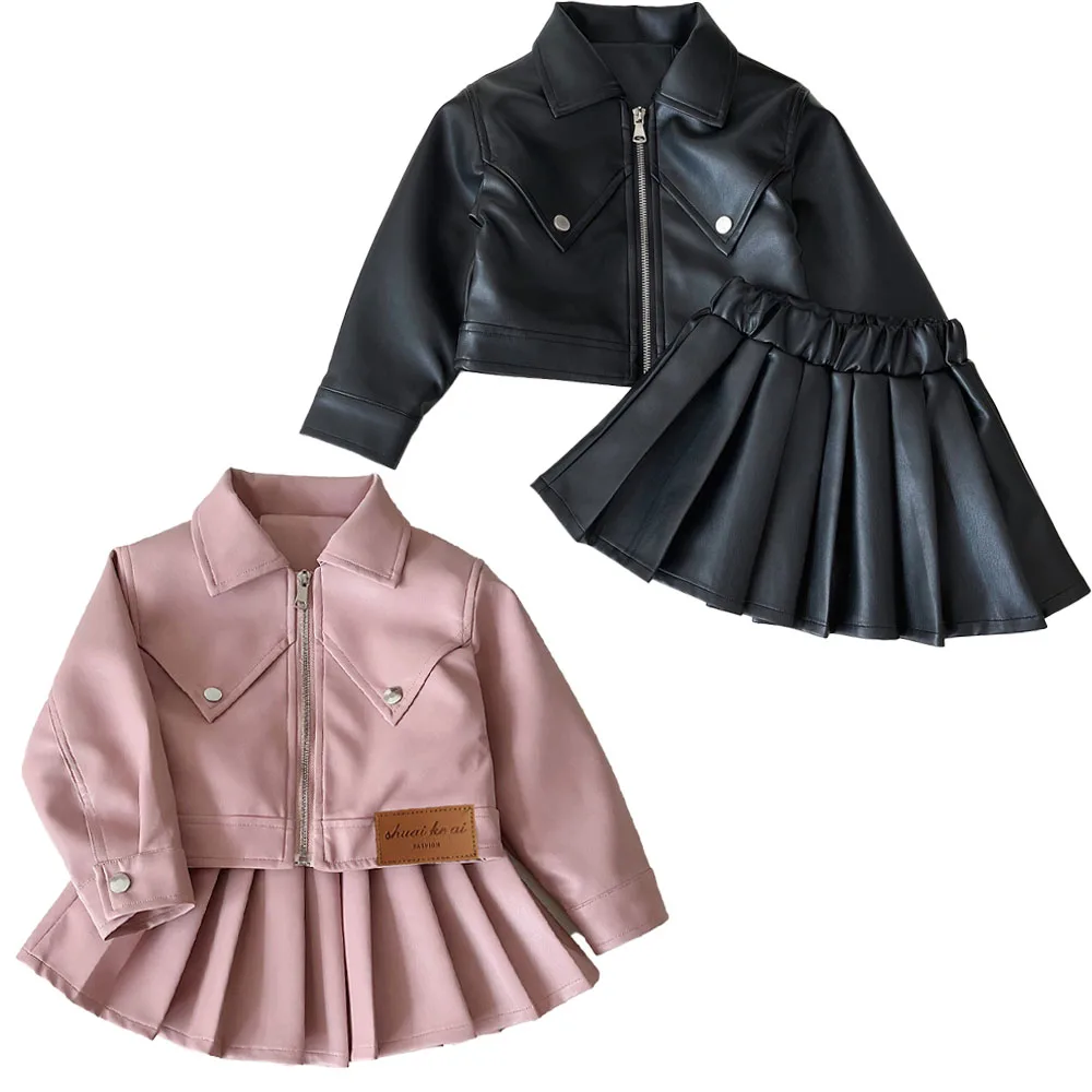 Girl Suits PU Leather Jacket and Pleated Skirt Baby Toddler Girls Clothes Set Fashion Boutique Kids Children Outfit Elegant