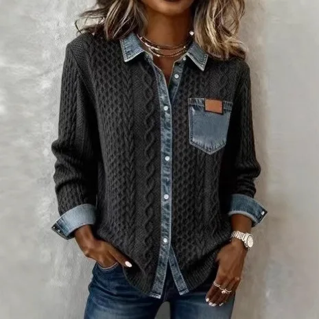 

Модная джинсовая рубашка-кардиган с лацканами и пуговицами, универсальный повседневный свитер-пальто для женщин, весна 2026