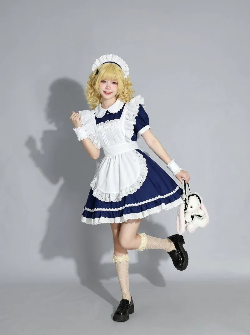 IOOTIANY Marineblau-weißes Dienstmädchen-Lolita-Kleid mit Schürze und Spitzenbesatz, Halloween-Party, süße Lolita-Kleider, Kellnerin-Cosplay-Kostüm – Detail 3