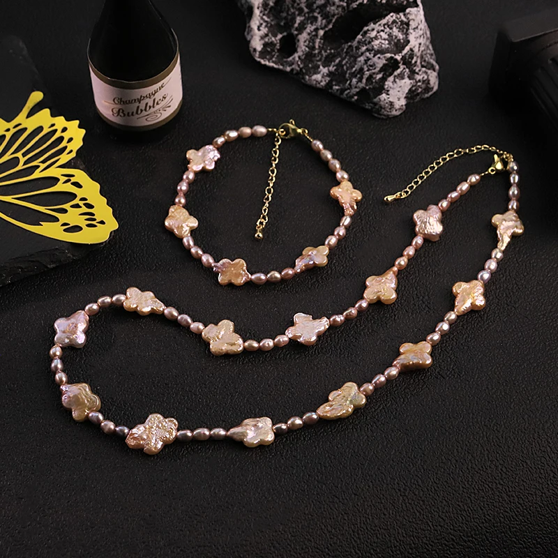 

GLSEEVO Natural Purple Four Leaf Clover Baroque Pearl Jewelry Set for Women Daily Wear Pearl Necklace Bracelet Dainty Jewelry