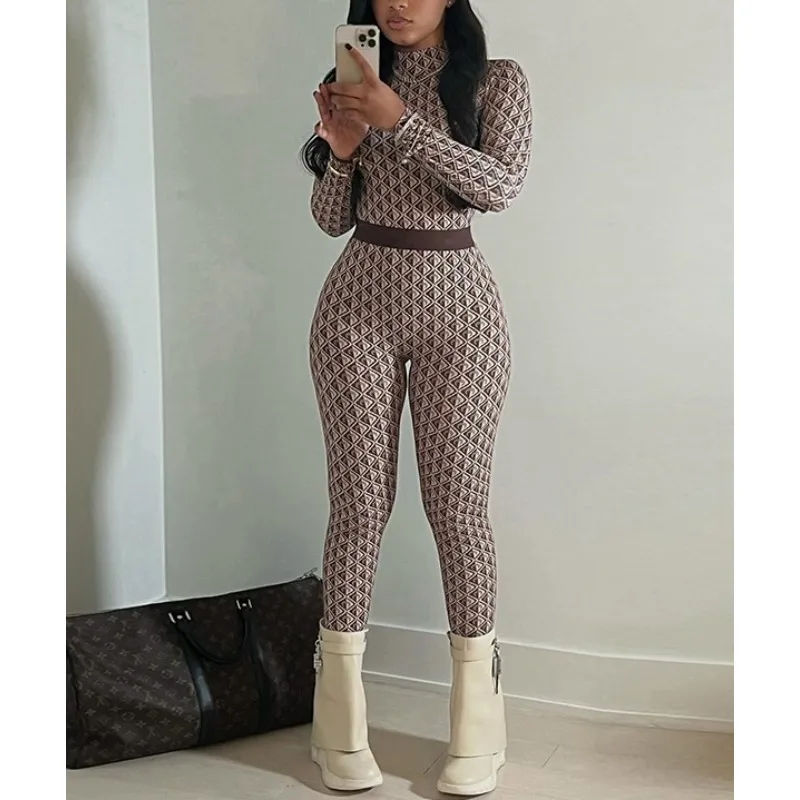 

Krisnanas Argyle Skinny Jumpsuits for Woman 2025 Stand Neck Long Sleeve Zipper One Piece Bodysuit Fitness Sportwear 154004