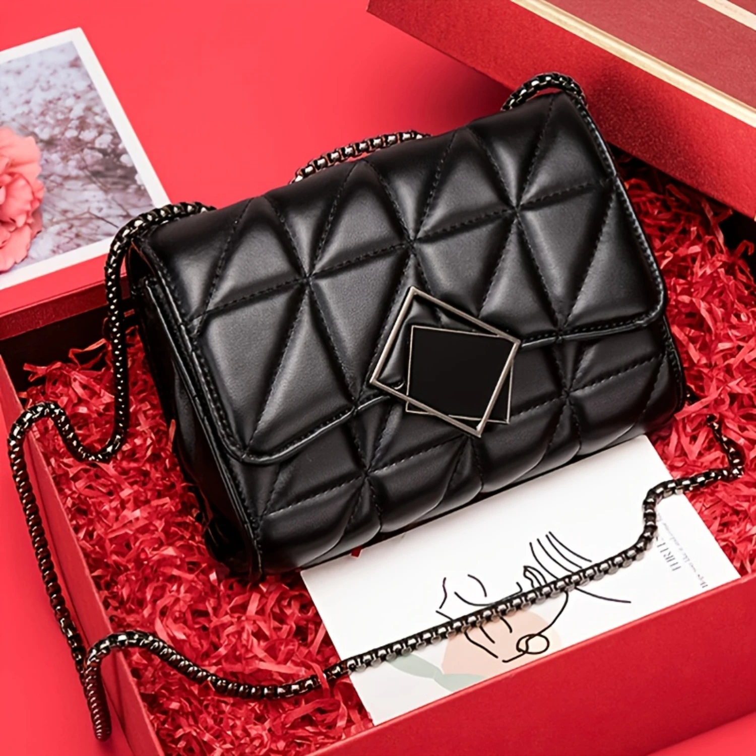 

Argyle Quilted Chain Bag, Square Buckle Crossbody Bag, One Shoulder Small Square Bag