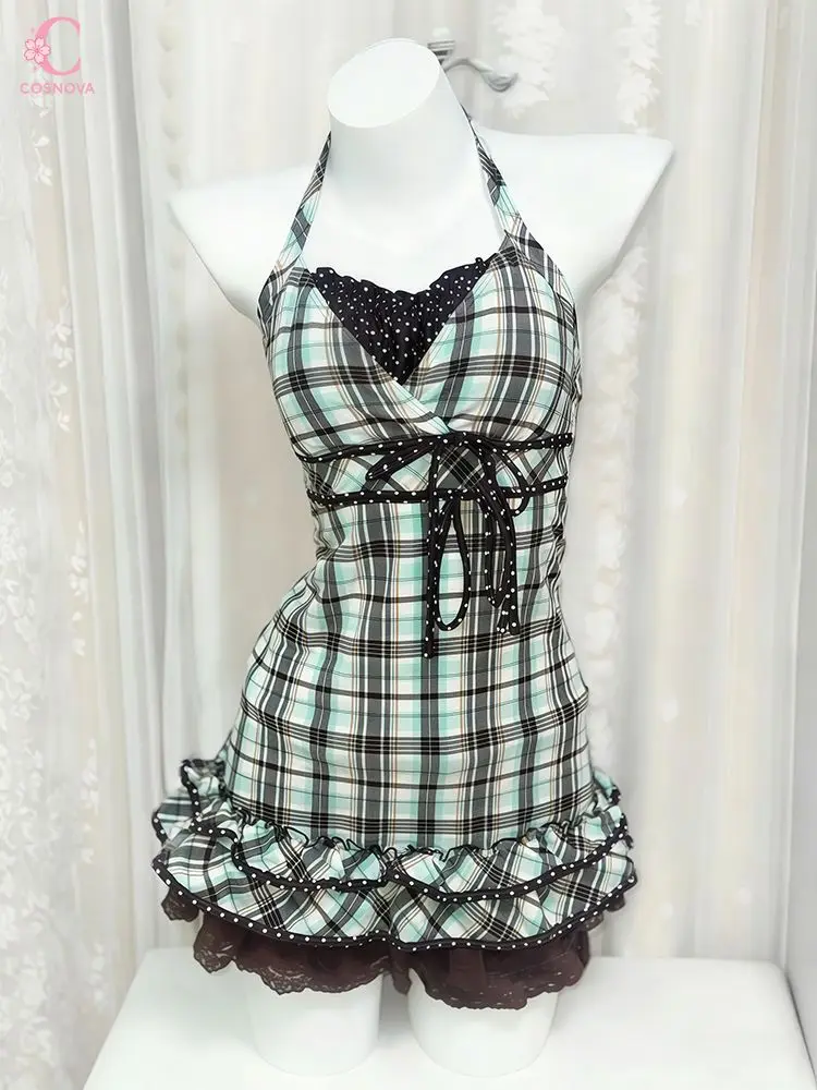 

Japanese Vintage Y2K Sweet Plaid 3 Pieces Set Women Halter Camisole Lace Ruffle Mini Skirt Summer Coquette Aesthetic Cute Outfit