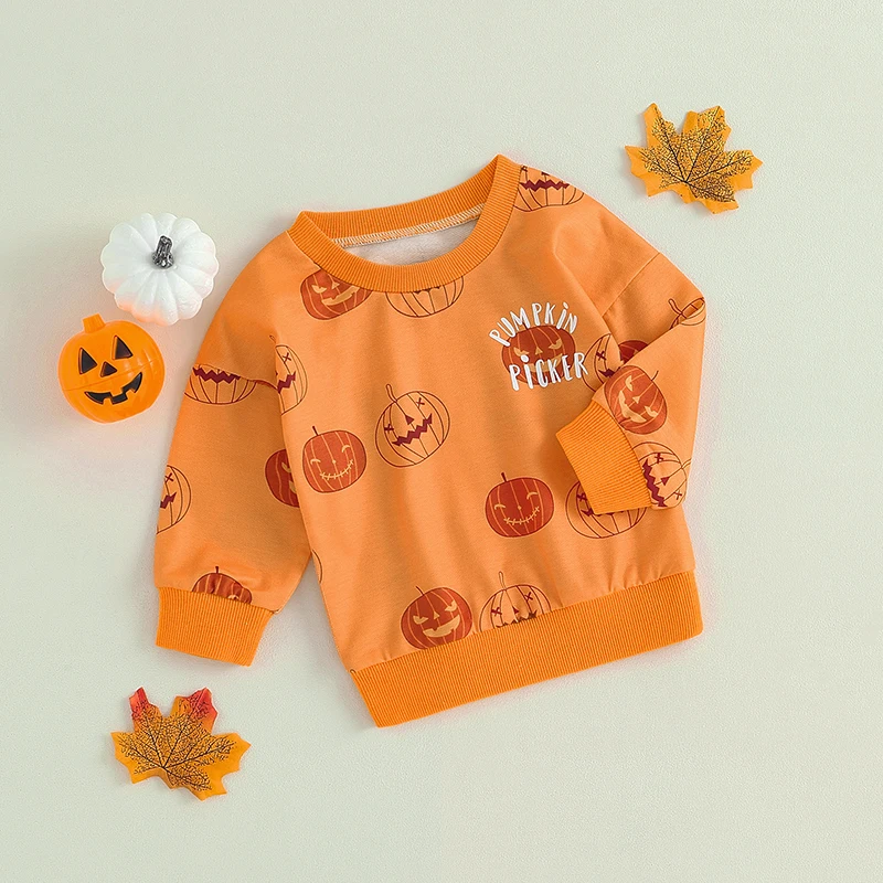 Kids Halloween Costume Hoodie Sweatshirt Orange Long Sleeve Letter Pumpkin Print Pullover Crew Neck Tops for Boys