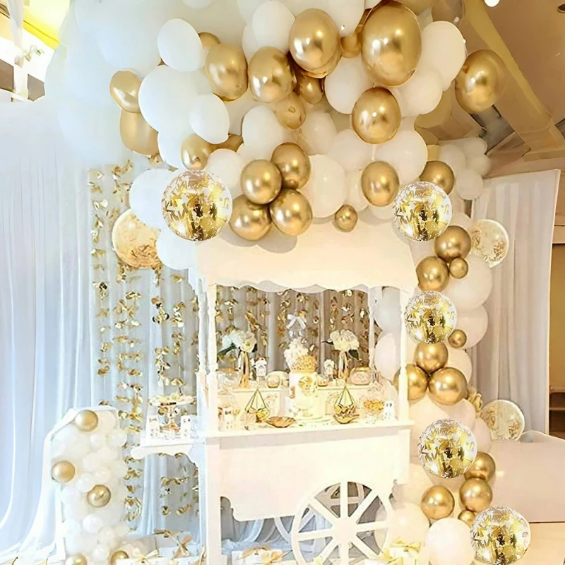 30Pcs 12 Inch White And Golden Balloons Pearl White Balloons Golden Confetti Balloons For Birthday Weddings Anniversary Party