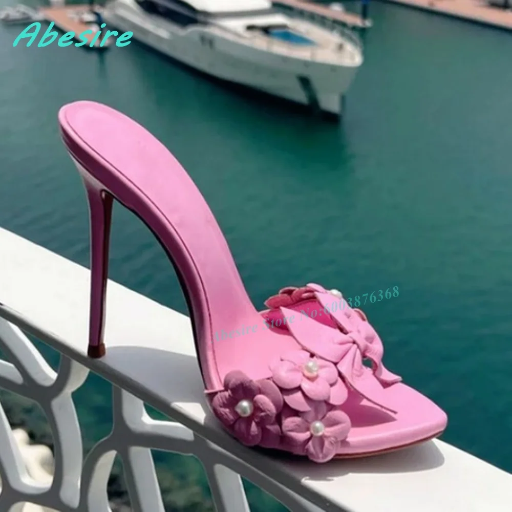 Pink Floral Bow Pearl Decor Mule Sandals Open Toe Slip-On Backless Stiletto Heels Women's Slippers Sweet Summer Vacation Shoes