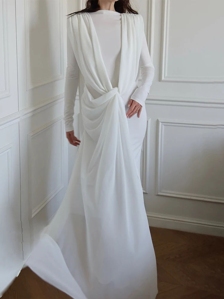 Whatiwear Casual Fashion Long Dress Woman Mesh Shawl Patchwork o-Neck Full Sleeve Kink Design Prom Party Ruched Elegant Vestidos