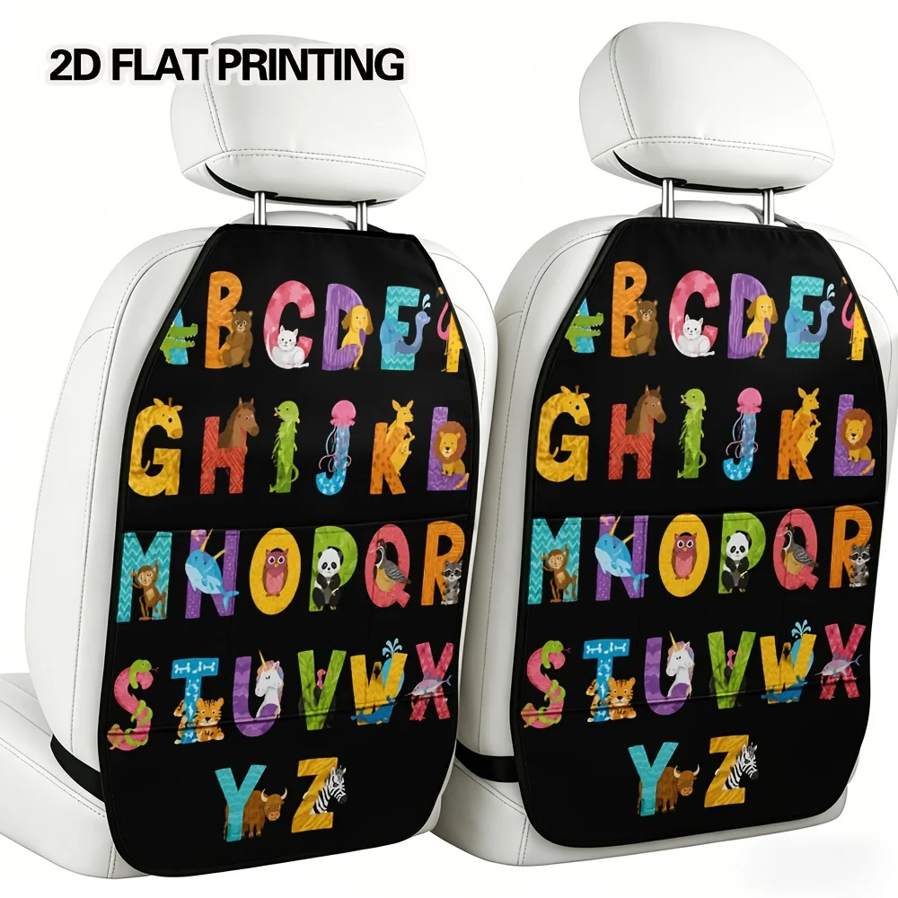 2D Flat, 2pcs Lightweight Kick Mat Pouch With Animal Alphabet Character Pattern, Seat Back Storage Organizer For Cars, Fits Seda