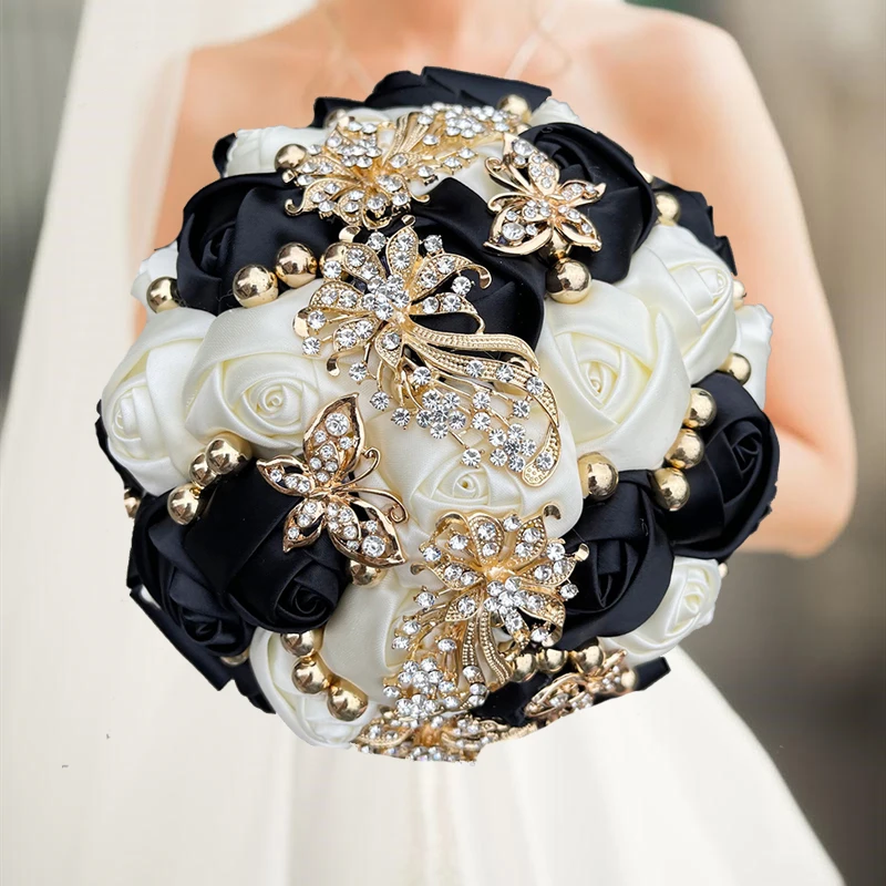 

High Quality Black and Champage Wedding Flowers Bridal Romantic Bouquet With Diamond For Wedding Decoration