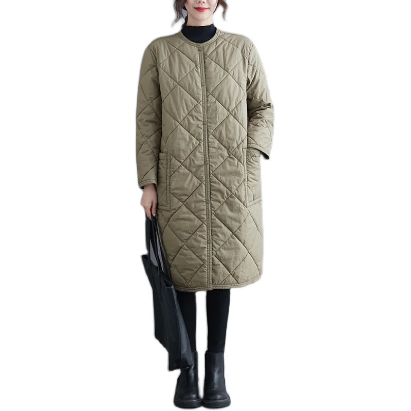 Długi płaszcz bawełniany Thiened za kolano, ciepły, okrągły dekolt, modny płaszcz damski do pracy, artystyczny płaszcz w jednolitym kolorze.