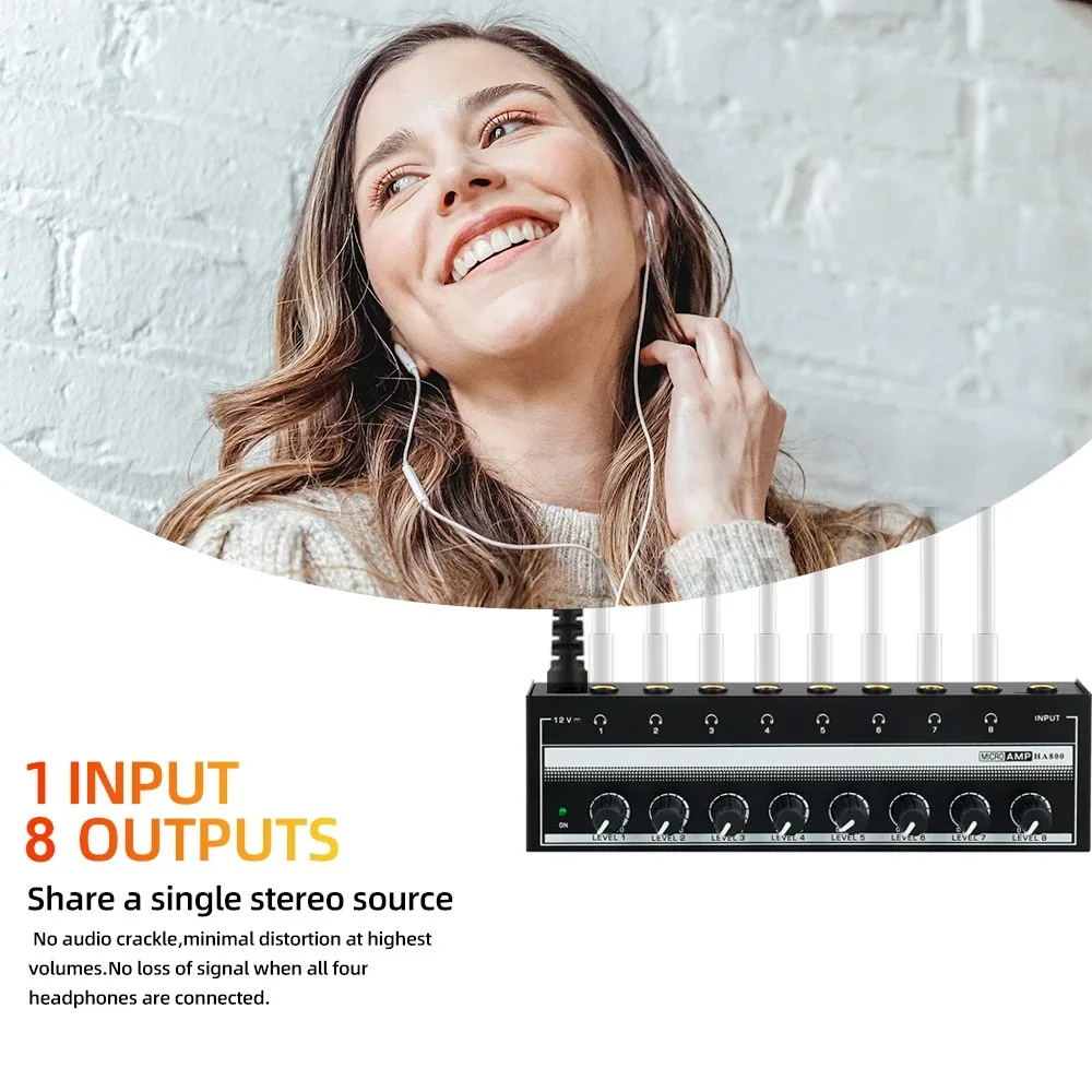 Professioneller Kopfhörerverstärker, 8 Kanäle, HiFi-Stereo-Audioverstärker, ultrakompakter Mini-Verstärker mit Stereo-/Mono-Schalter Professional Headphone Amplifier 8 Channels HiFi Stereo Audio Amplifier