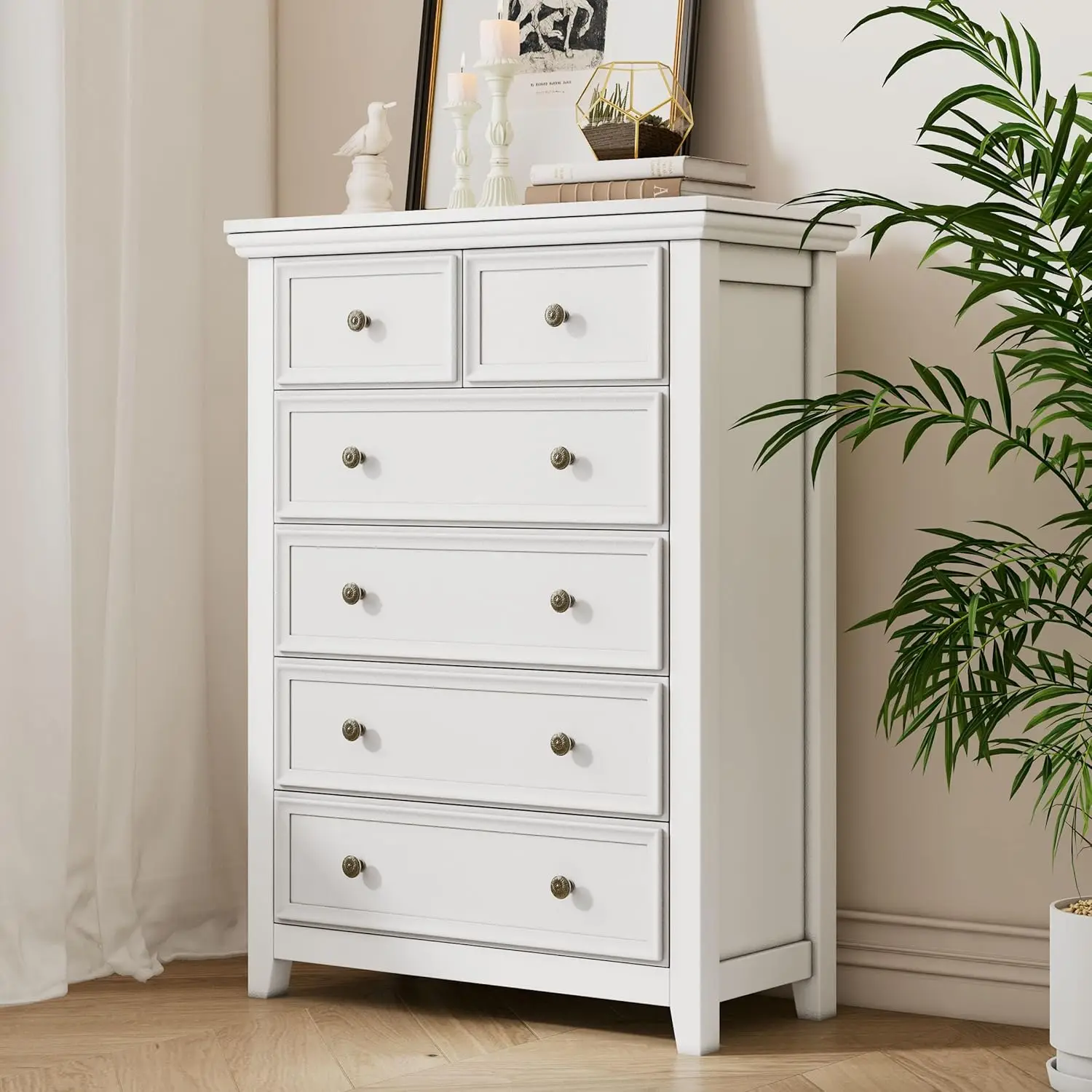 White Dresser for Bedroom, 6 Chest of Drawer, 6 Drawers Dresser Tall Nightstand, Modern White Storage Drawers Cabinet for Living