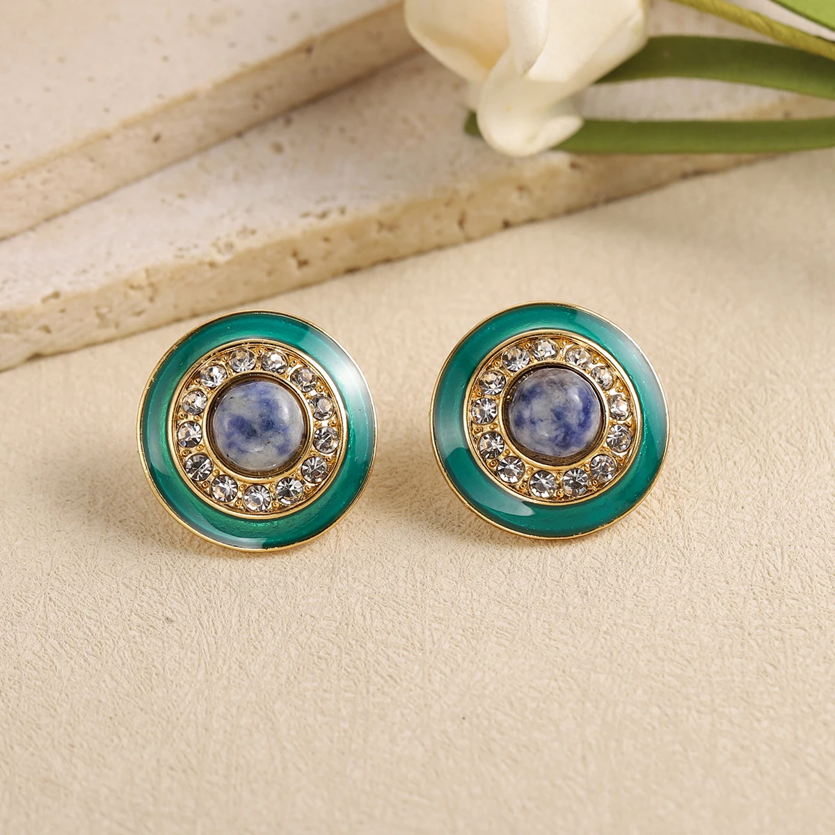 Vintage Gold Color Green Enamel Round Stud Earrings for Women Blue Stone Crystal Halo Button Earrings Retro Luxury Jewelry