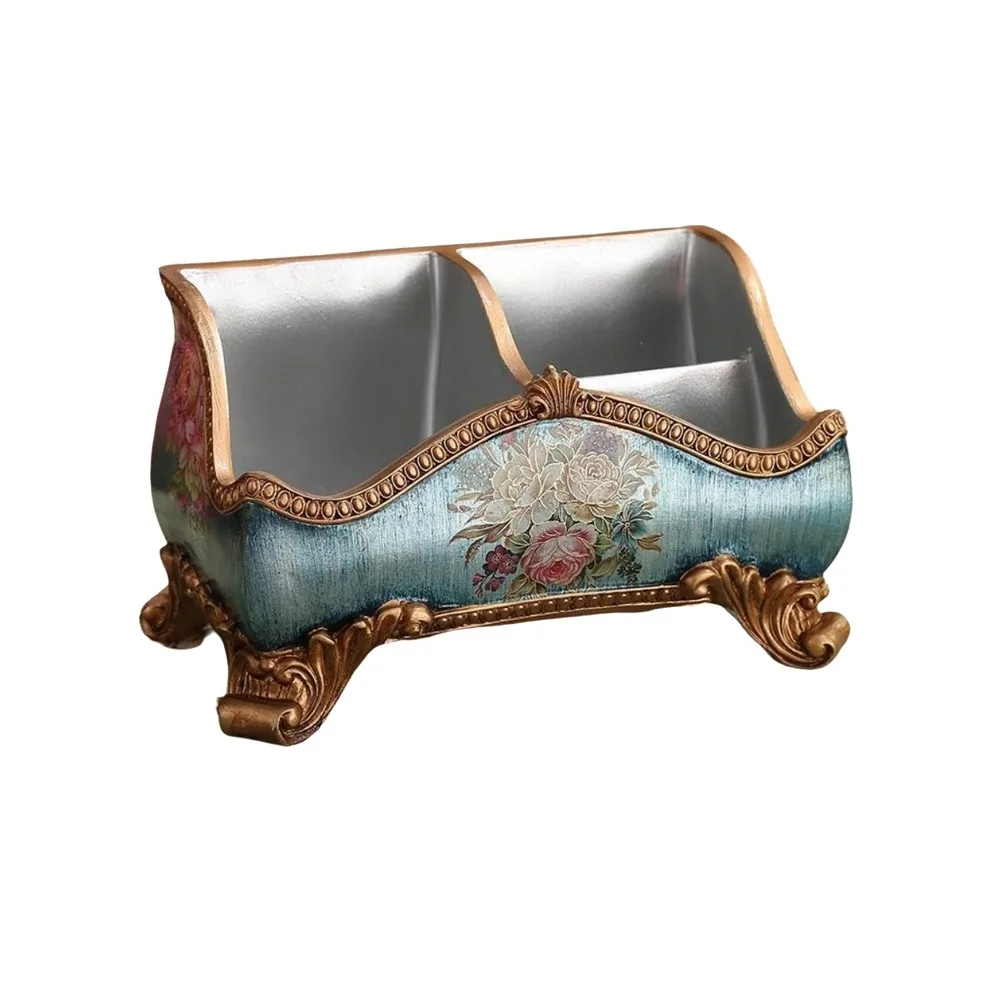 

Resin European Style Storage Box Flower Pattern 3 Compartment Remote Control Box Decorative Retro Desktop Storage Box