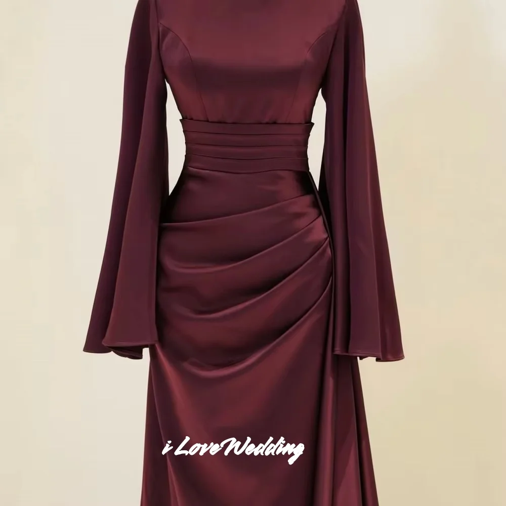 فساتين سهرة حمراء برقبة عالية 2025 ساتان كم طويل حورية البحر طول الأرض مطوي فستان حفلة موسيقية فساتين حفلات الزفاف حسب الطلب