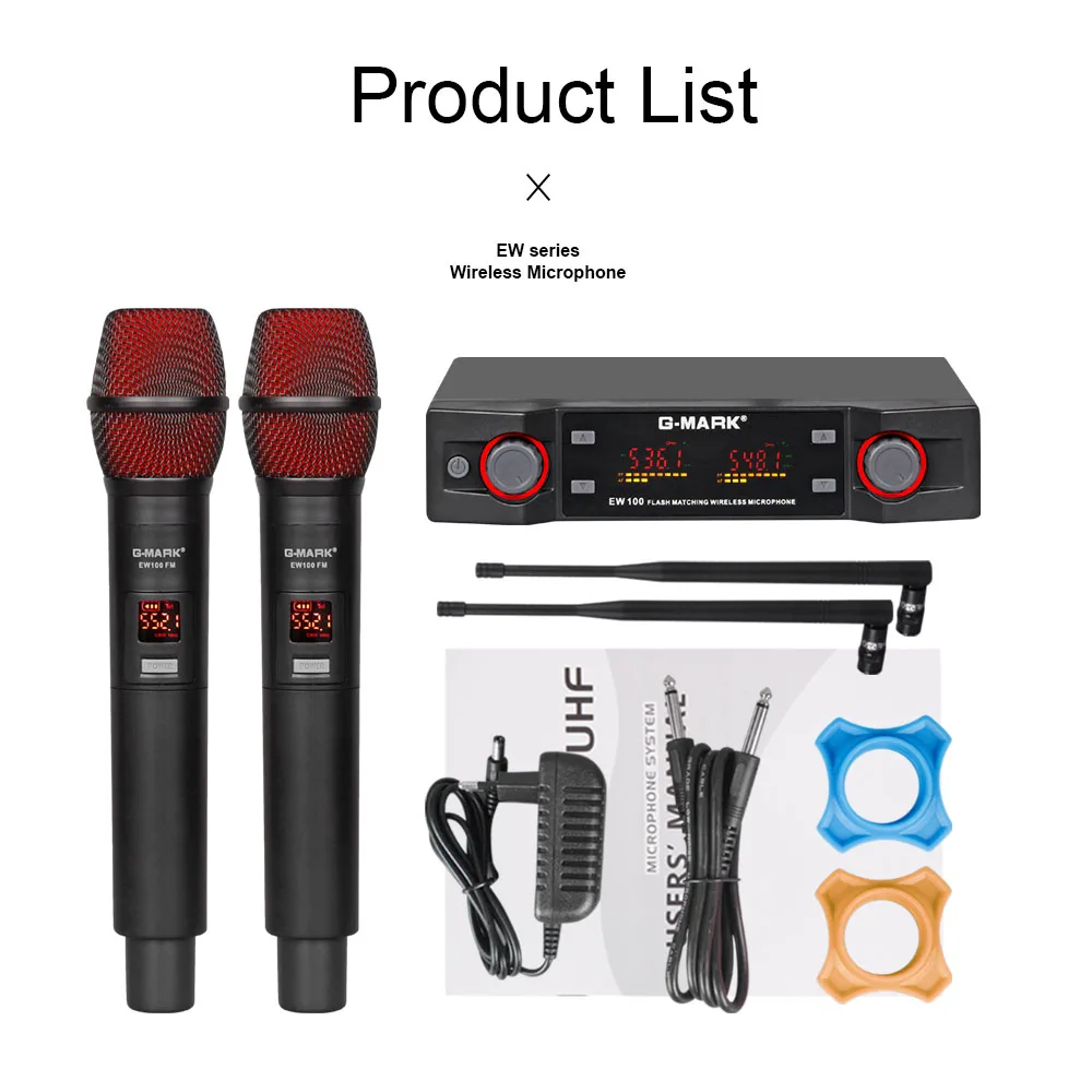 G-MARK-micrófono inalámbrico EW100, profesional, UHF, 2 canales, portátil, frecuencia ajustable de 50M, para fiesta, espectáculo y escenario