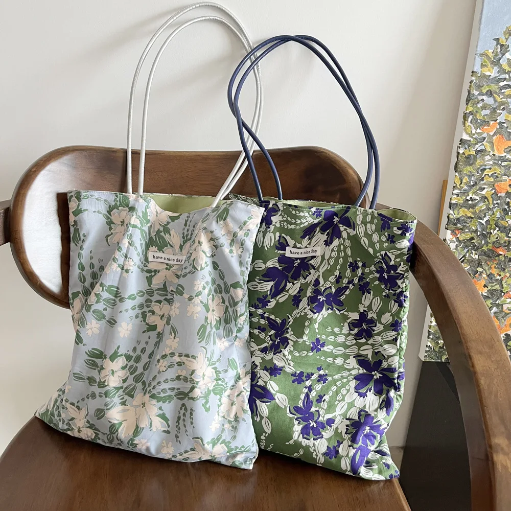 New Summer Floral Combed Cotton Tote Bag Women Niche Shoulder Bag PU Strap Forest Style Handbag Daily Commute Ladies Purse