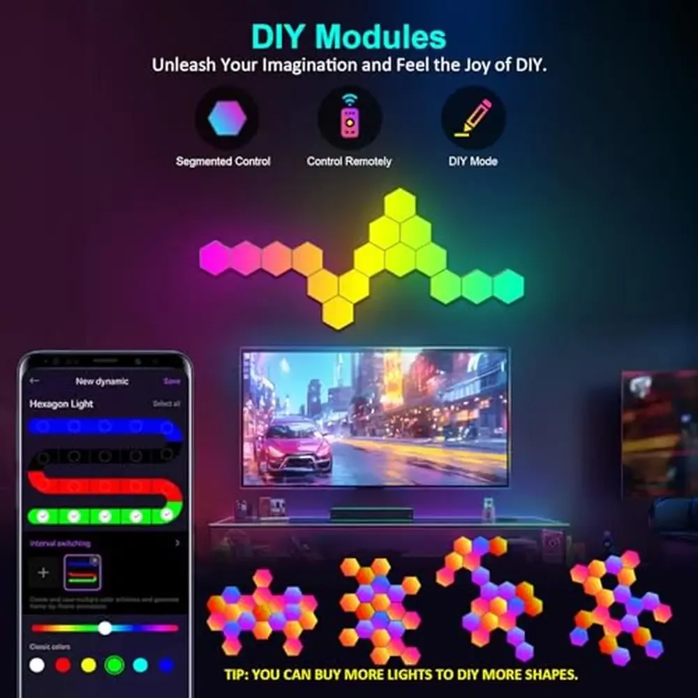 Hexagon LED Wall Lights 20 Pack Music Sync RGB Gaming Decor Panel Remote Control App Sync Home Theatre Light