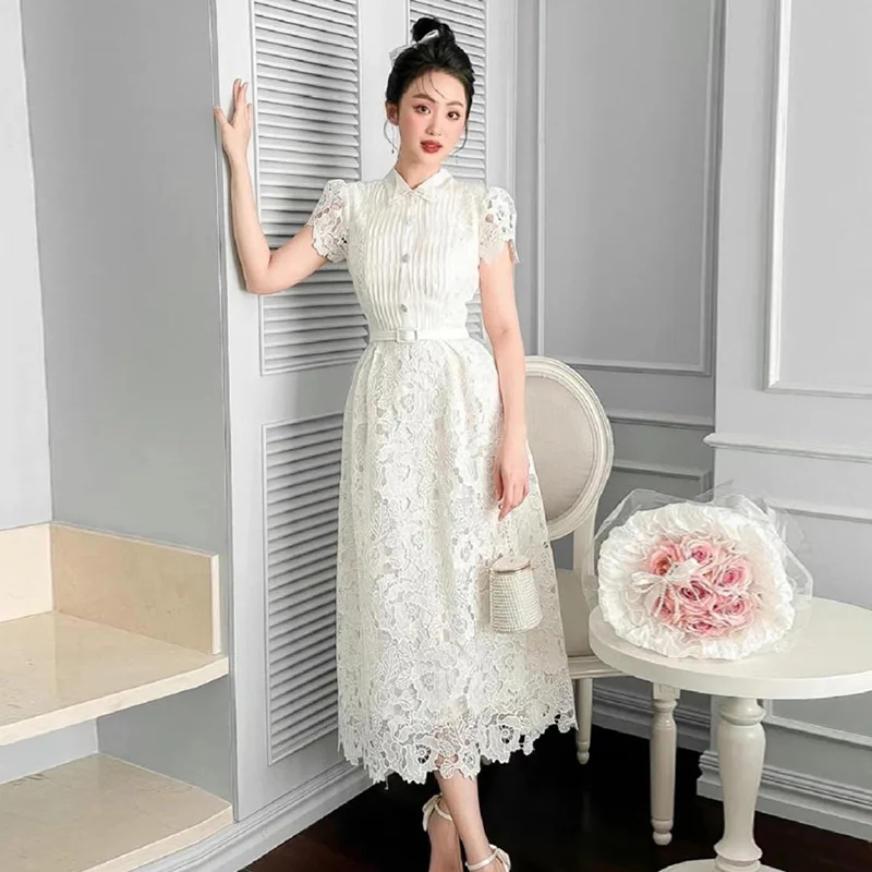 

JAMERARY Fashion Flower Embroidery White Lace Evening Dress Women Summer Short Sleeve Midi Long Party Prom Dresses Lady