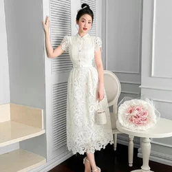 JAMERARY Fashion Flower Embroidery White Lace Evening Dress Women Summer Short Sleeve Midi Long Party Prom Dresses Lady