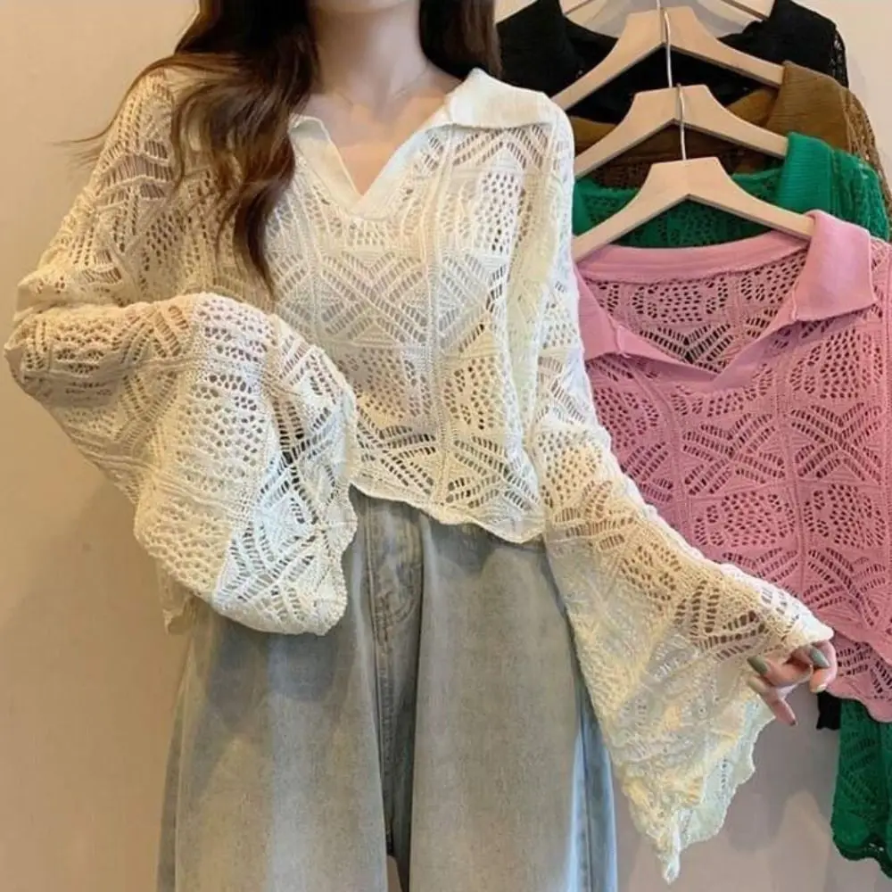 T-shirt in maglia scavata con scollo a V semplice T-shirt ampia in stile coreano Cover Up Crop Top Beachwear Maglieria a maniche lunghe all'uncinetto da donna