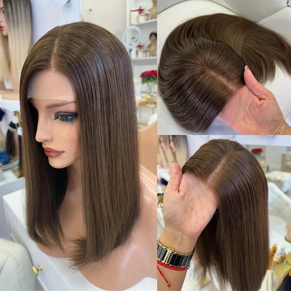 

Коричневый парик Прямой парик фронта шнурка 13x4 HD Короткий боб Парики шнурка Синтетическое термостойкое волокно Волосы Средняя часть Бесклеевой Косплей