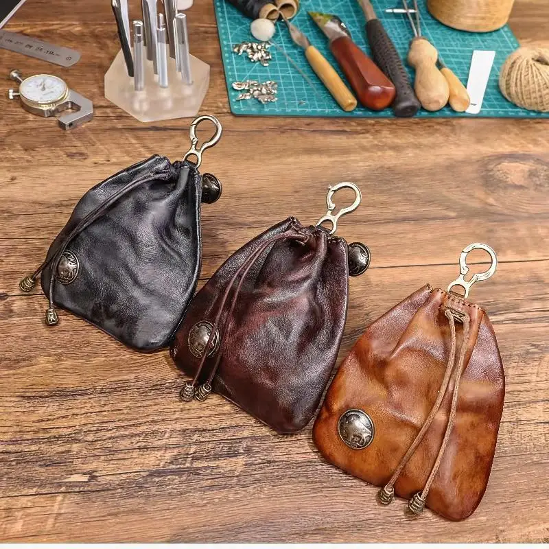 Vintage PU Leather Drawstring Coin Pouch Metal Hook Storage Bag For Key Coin Lipstick Tiny Daily Essentials Carry