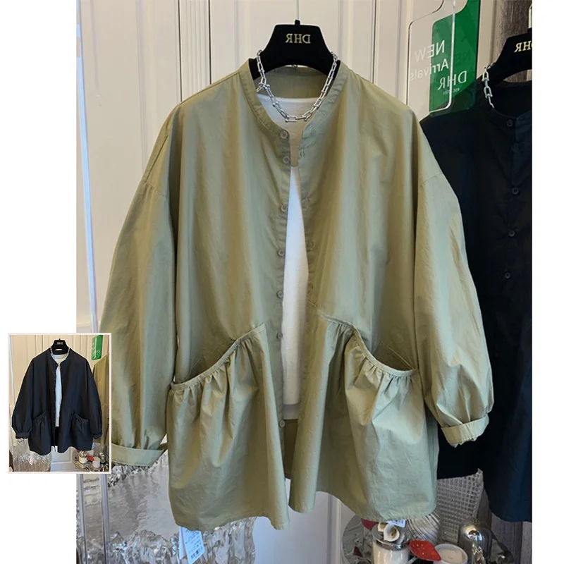 

Casual Long Sve Pure Color Double ket Stand Collar Windbreaker plus Size Women's Faion Versatile Open Cardigan Trendy