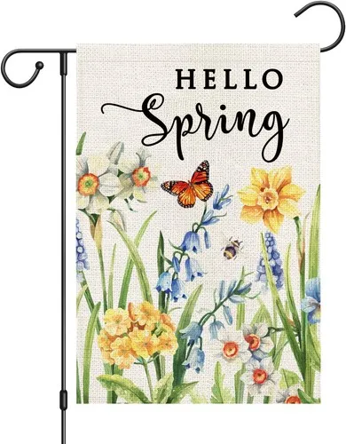Hello Spring Garden Flag 12x18 Inch Double Sided Daffodils Floral Small Burlap PPZ