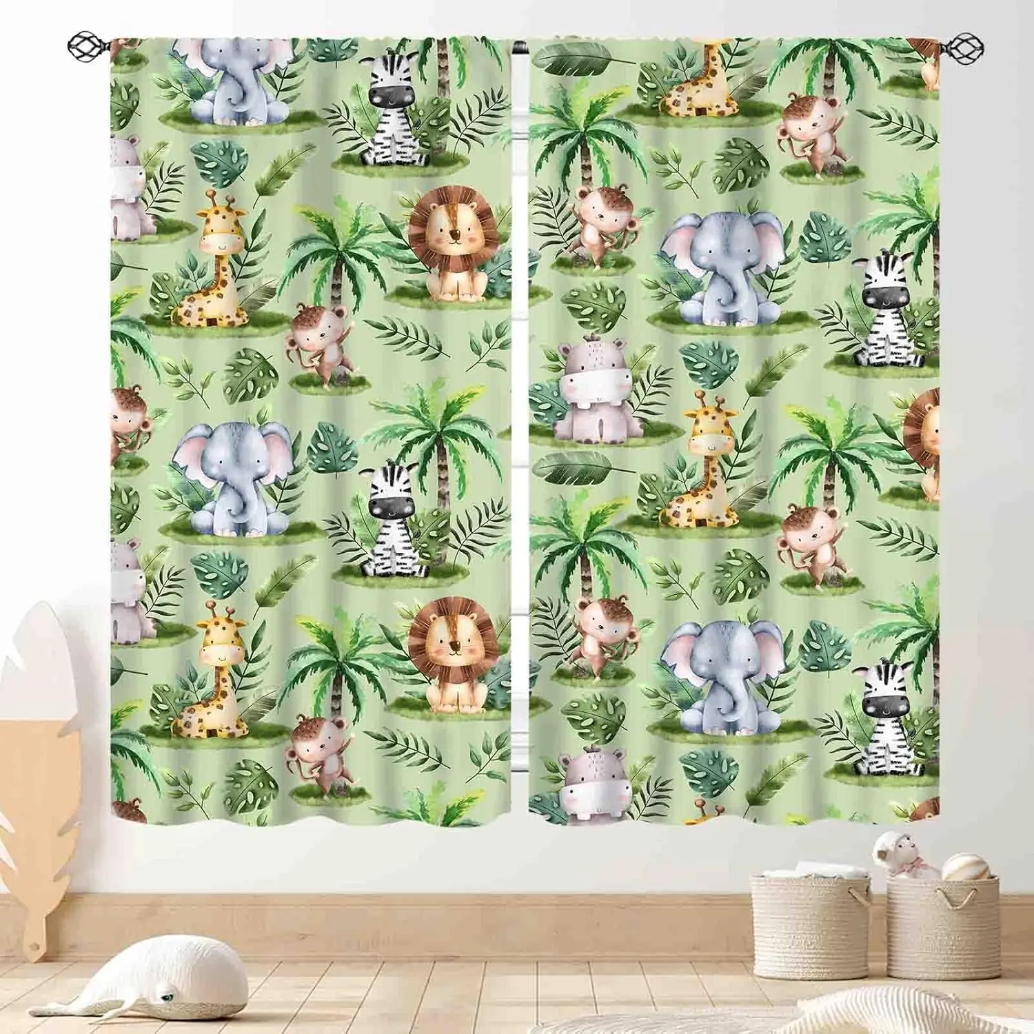 Jungle Safari Animals Curtains, Cartoon Animals Lion Giraffe Elephant Woodland Tropical Leaf Green Window Drapery for Kids Boys