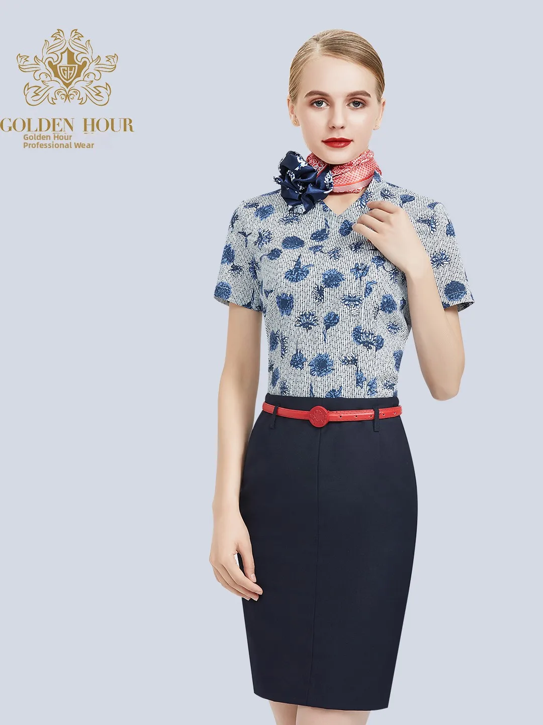 

Gold Art Uniform Short Sleeve Shirt And Pants Set for Women Blue And White Porcelain Slim Fit Professional Commute Spring 2026
