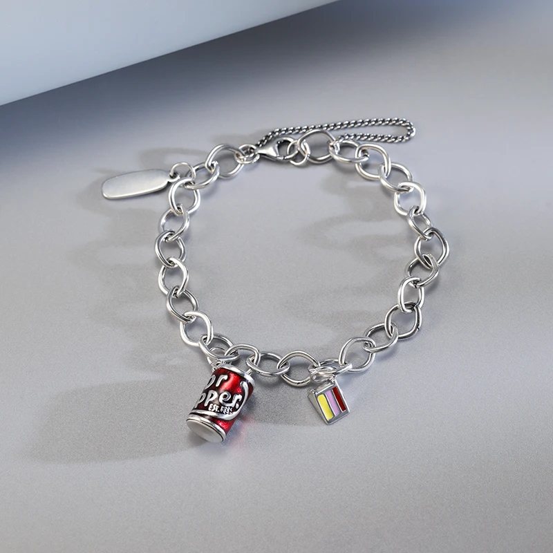 

Genuine 925 sterling silver Forged Link Charm Bracelet paired with Enamel "Pepper Dr." and Enamel multi-layer cake pendant