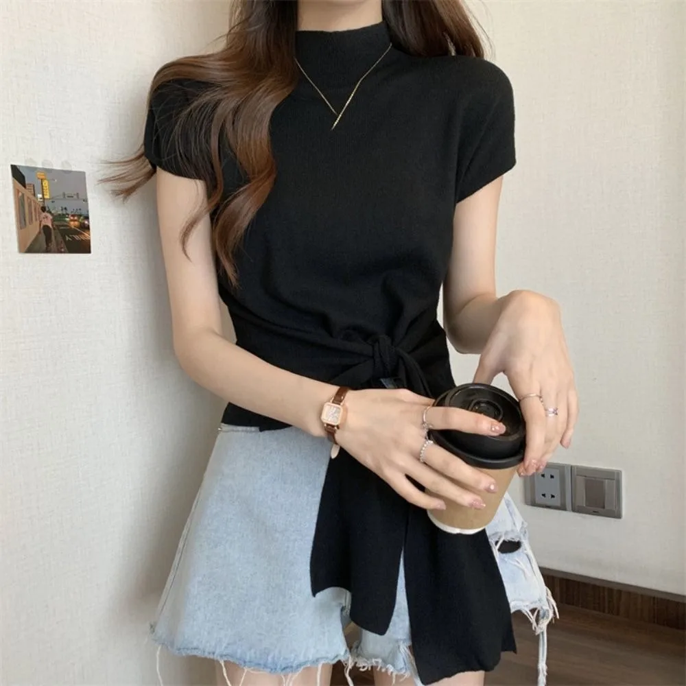 

Cute Lace Up Short Sleeve T-shirt Slim Fit Chic Y2K Crop Top Women Simple Bottoming Shirt Half High Collar Tees Top Streetwear