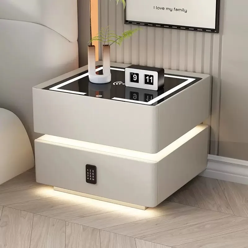 طاولة سرير ذكية من الخشب الفاخر الحديث مع إضاءة LED ومكبرات صوت شحن لاسلكية وبصمات الأصابع مع درج لغرفة النوم وأثاث أبيض