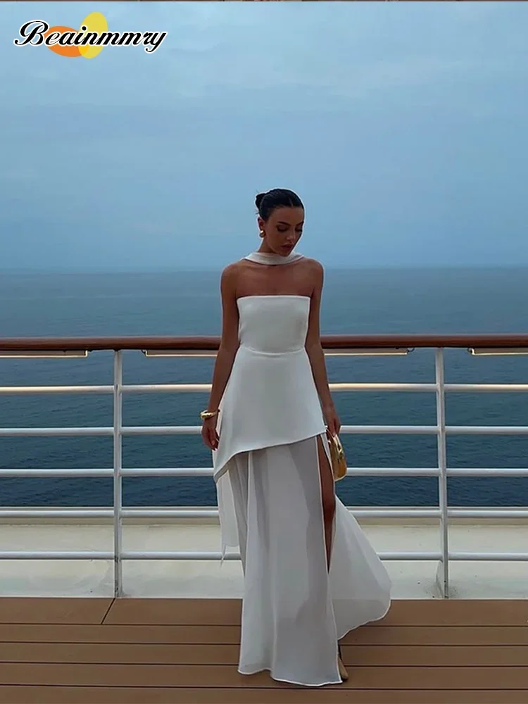 Abito lungo patchwork in rete con nastro senza spalline alla moda Abito lungo elegante senza maniche senza schienale per le vacanze Nuovi abiti da spiaggia da donna