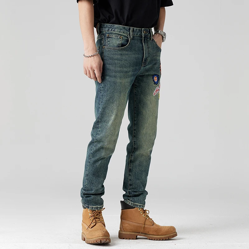 2024 New washed retro blue embroidered jeans men's street fashion slim fit skinny motorcycle trousers