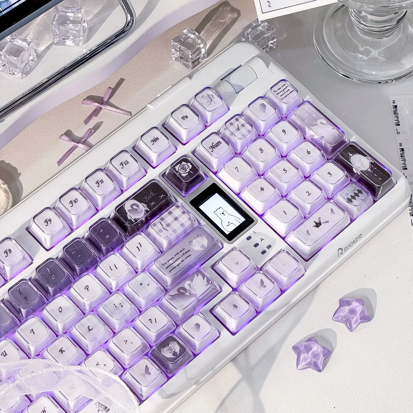 MAIMOOO Light Purple Dreamy Swan Jelly Keycap KDA Profile Personalized PC Double Layer Amber Keycaps for Mechanical Keyboard