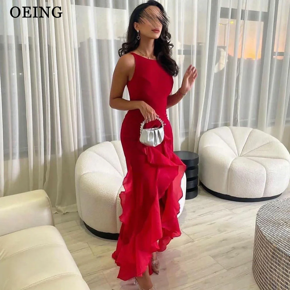 

OEING Red Prom Dress Elegant Spaghetti Strap Ruffles Trumpet Evening Dresses Formal Wedding Party Gown Vestidos De Novia Gala