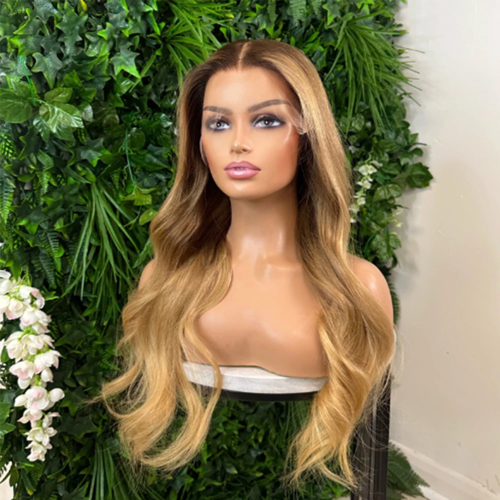 

Rooted Golden Blonde Human Hair Wig Transparent HD Full Lace Wigs Glueless 13X6 Lace Frontal Wig Bleached Knots 200% Thick Wavy