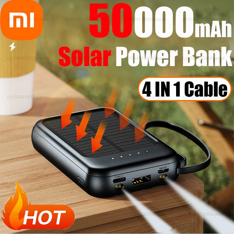 Xiaomi 50000mAh Banco de energía solar Cables integrados Cargador rápido 2 puertos USB Cargador externo Powerbank con luz LED
