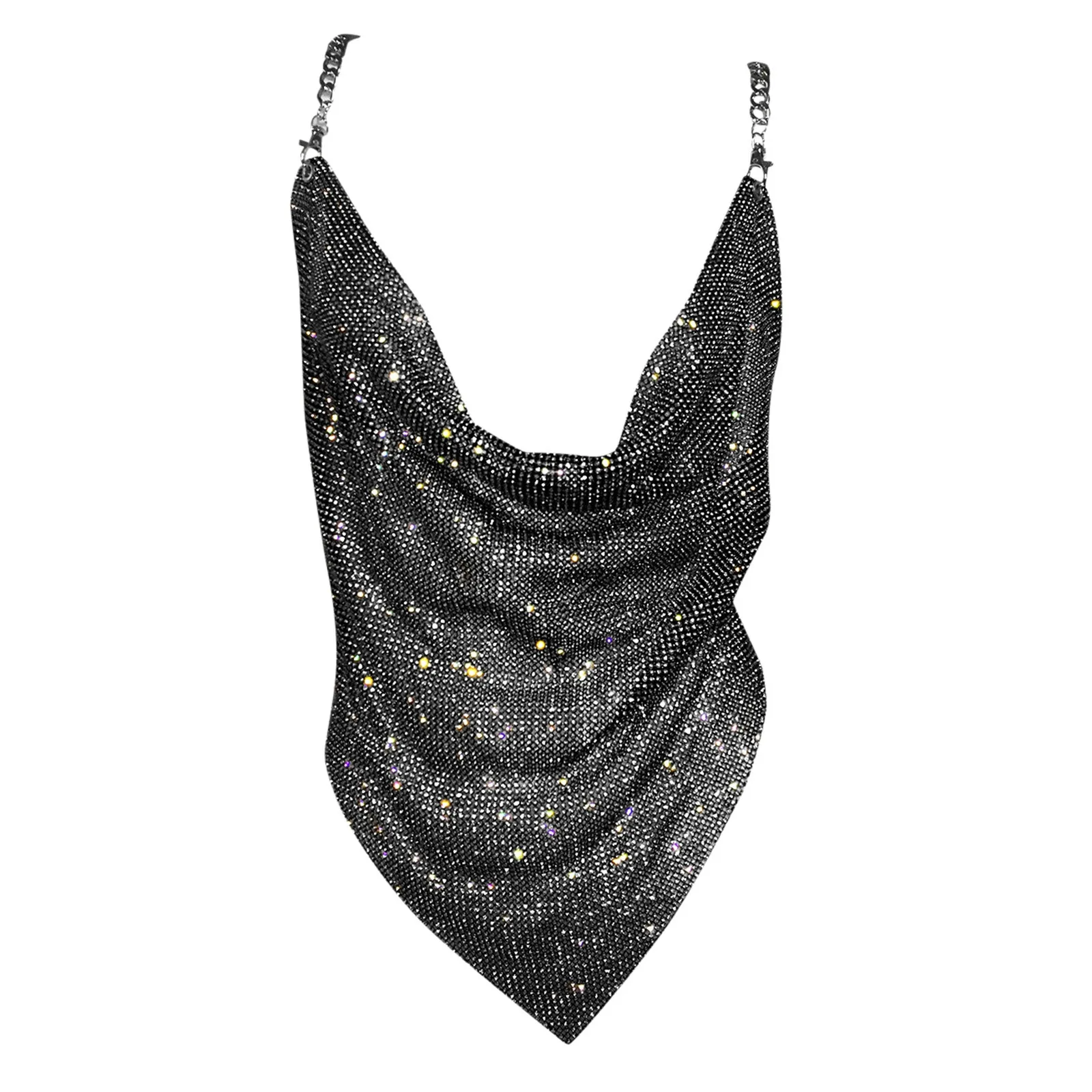 Shiny Luxury Glitter Crop Top Women Triangle Shape Metal Chain Backless Vest Backless Cropped Beach Tank Tops Party Club Wear