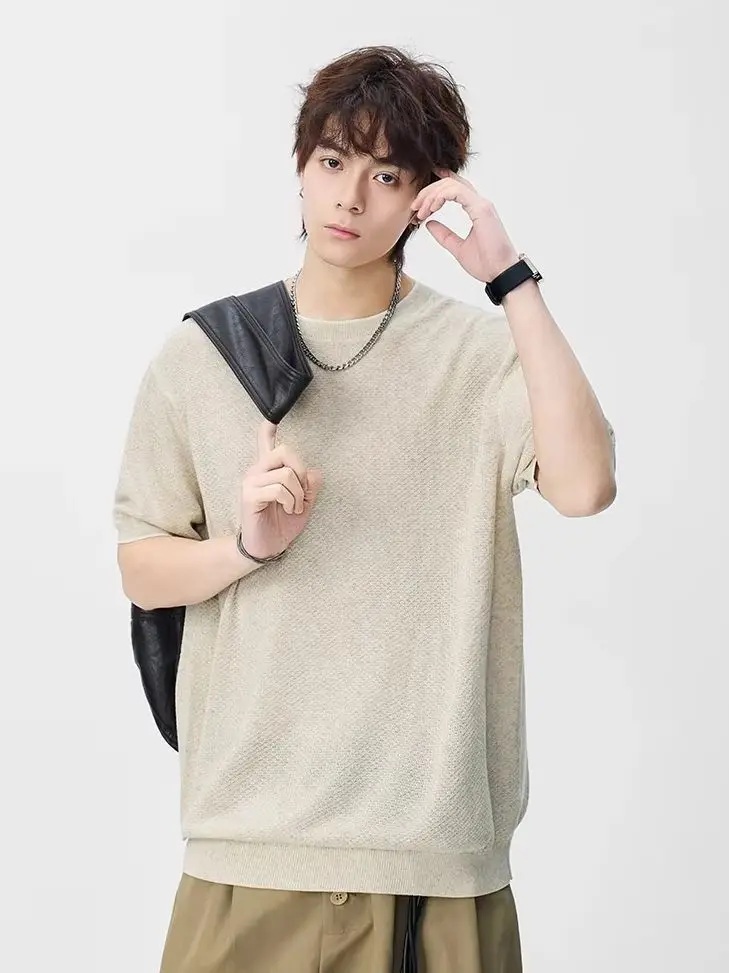 Textured Round-Neck Knit Short-Sleeve Men's Top Simple Loose-Fitting Slimming Casual Versatile