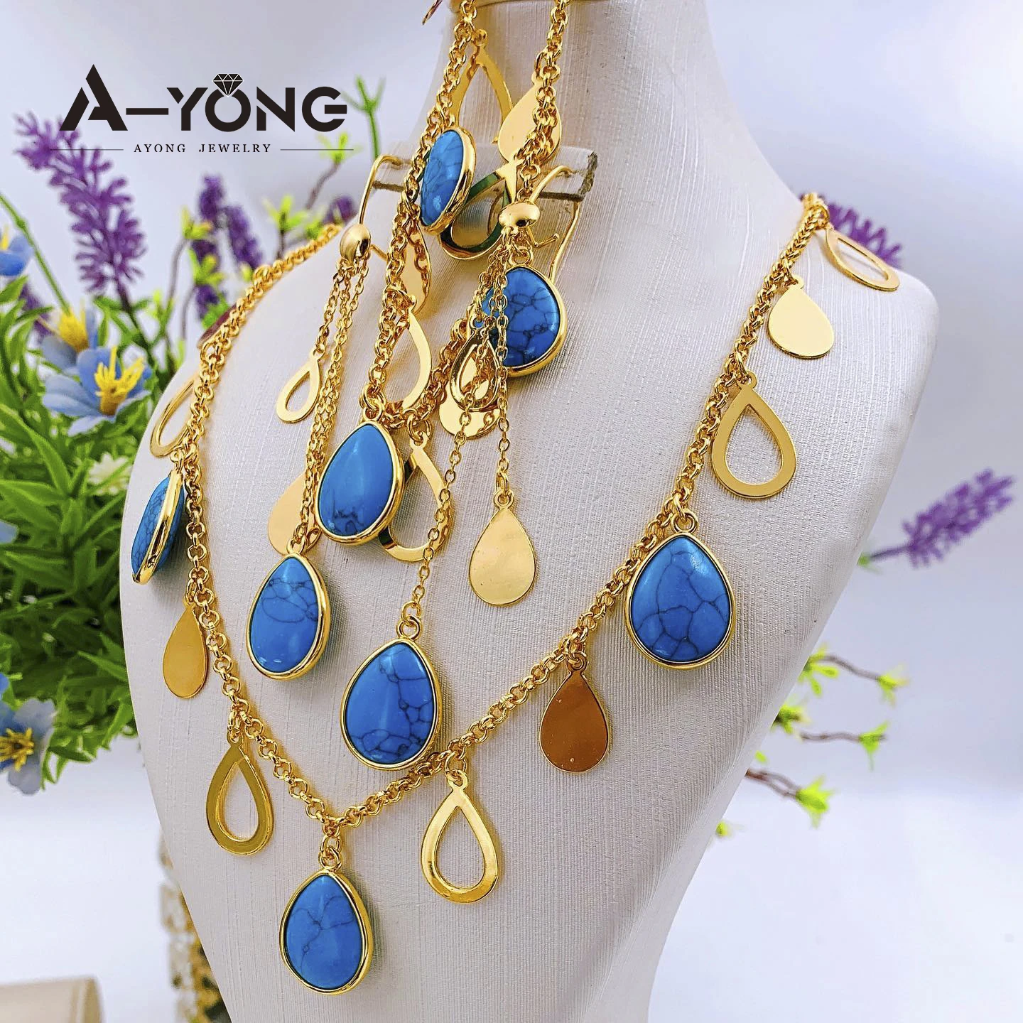 Luxury Turquoise Gold Color Necklace Set 21k Gold Plated Italian Fashion Tassel Choker Muslim Women Wedding Party Jewelry