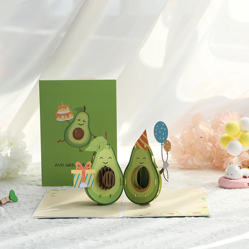 1 Set of Cartoon Cute Birthday Cards, Avocado New Year Greeting Gifts, 3D Handmade Greeting Cards, Creative 3D Paper Cards