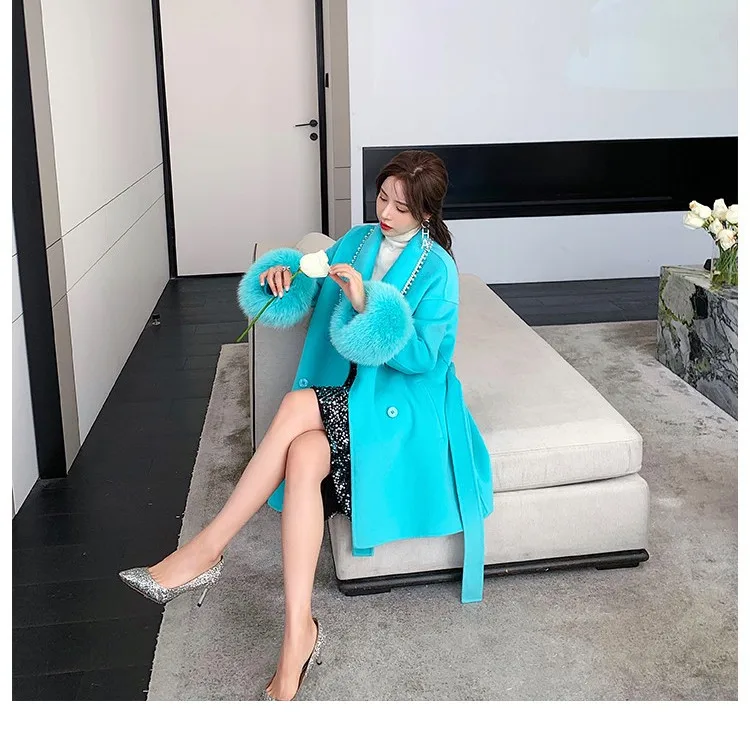 Office Lady Mid-Length Beaded Coat Autumn Winter New Fashion Faux Fox Fur Stitching Long-Sleeved Woolen Coats and Jackets Women