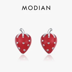 MODIAN 925 Sterling Silver Cute Sweet Small Strawberry Stud Earrings For Women Girls Party Fine Jewelry Accessories